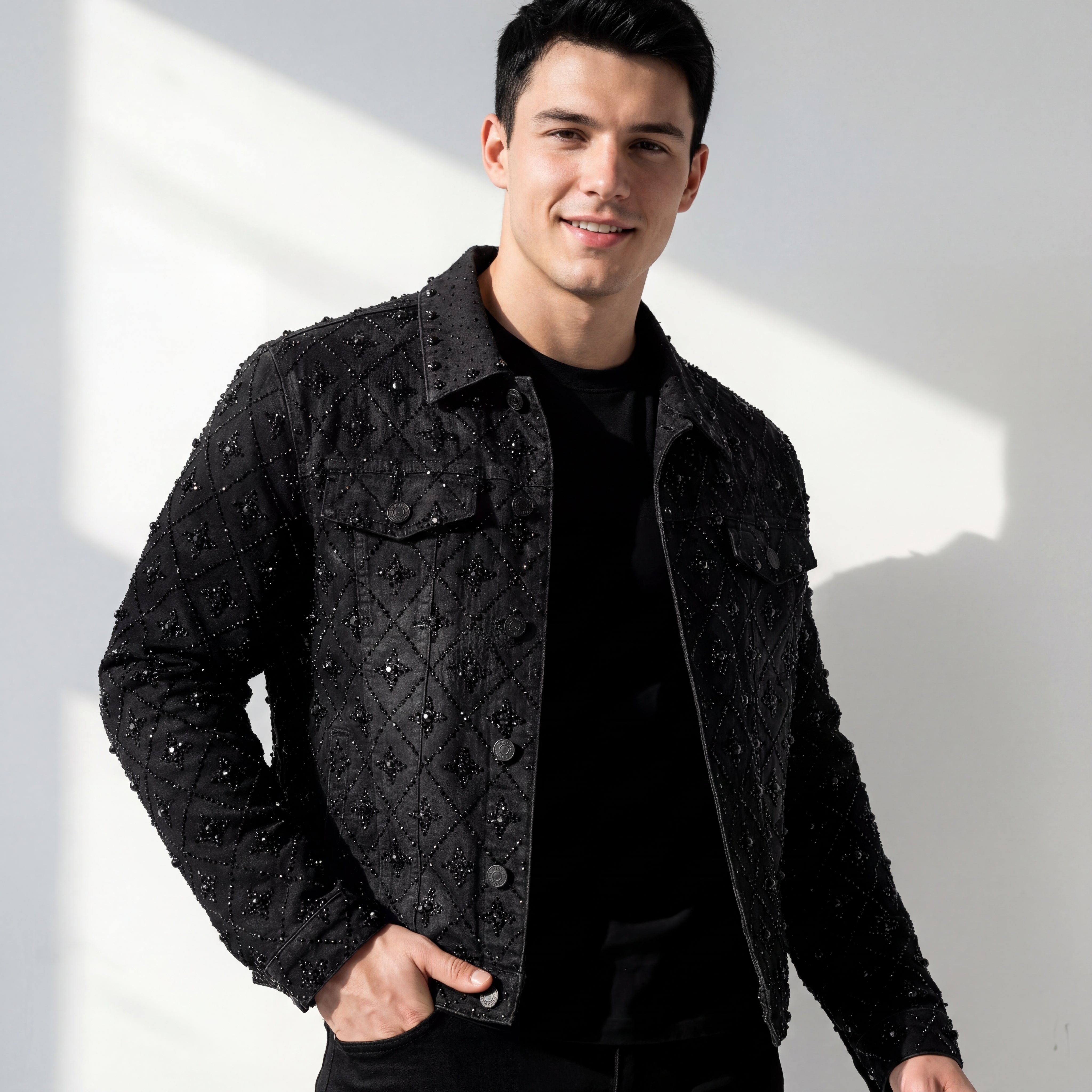 Radiant Embellished Denim Jkt – Century Penthouse BLACK