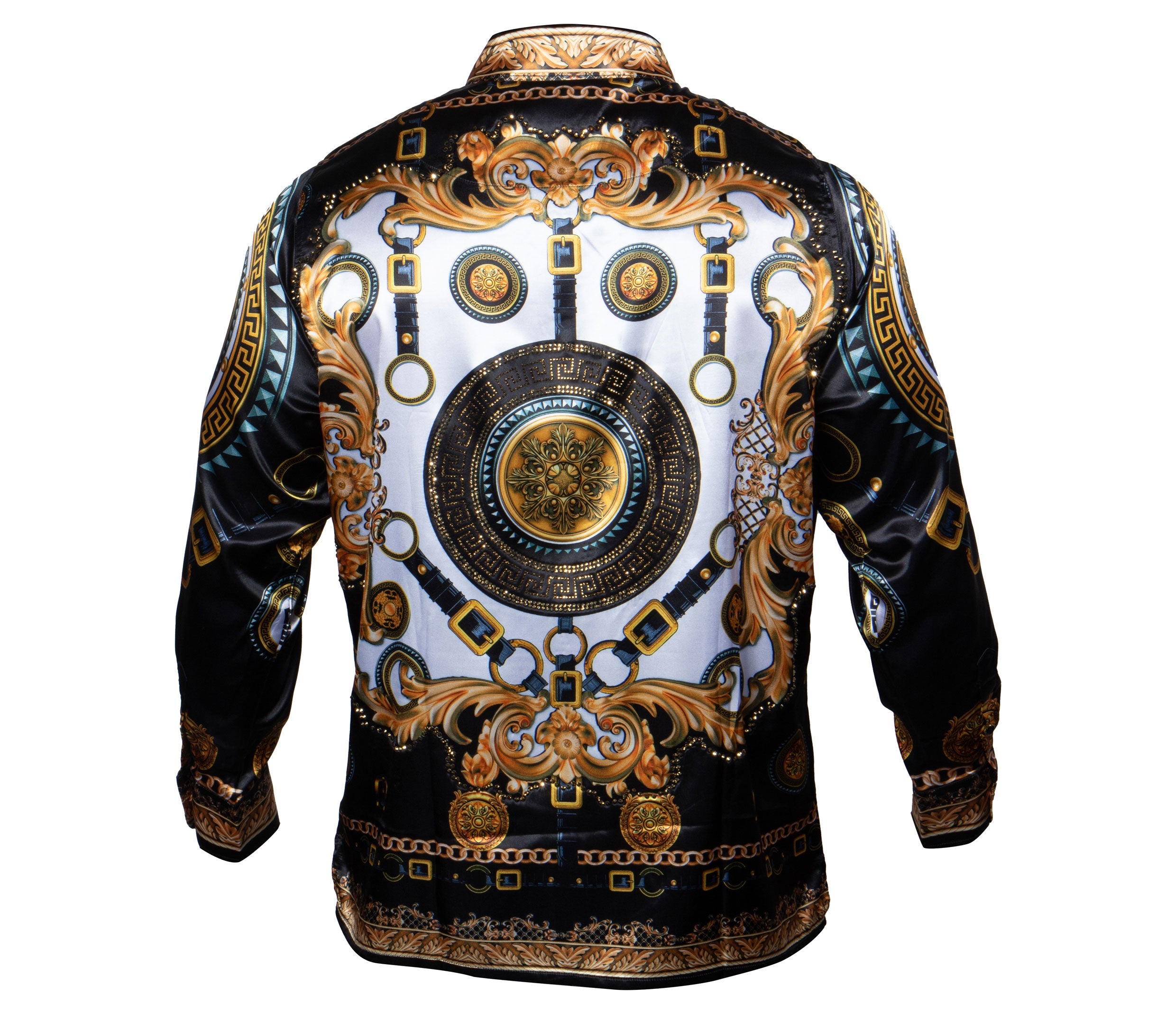 Prestige Black / Gold Chains Crystal Greek Key Button Up Shirt - Dudes Boutique