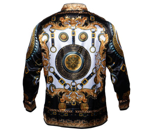 Prestige Black / Gold Chains Crystal Greek Key Button Up Shirt - Dudes Boutique