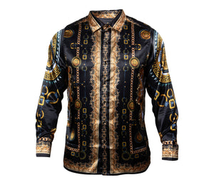 Prestige Black / Gold Chains Crystal Greek Key Button Up Shirt - Dudes Boutique