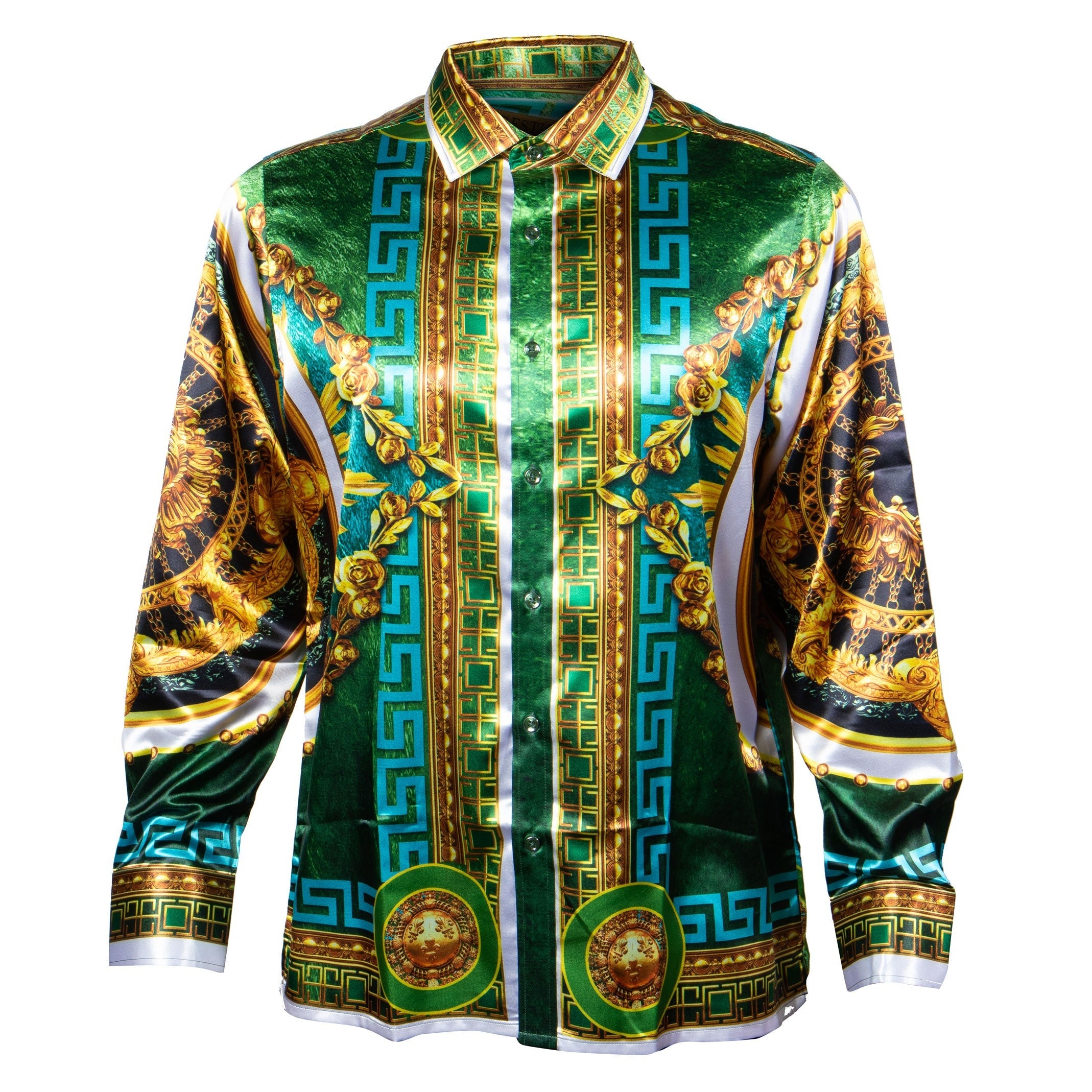 Prestige Green Royal Greek Key Button Up Shirt - Dudes Boutique