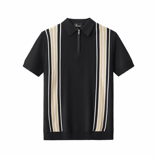 Retro Stripe Zip Knit Polo BLACK/KHAKI