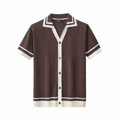 Contrast Trim Mesh Knit Button-Up COFFEE