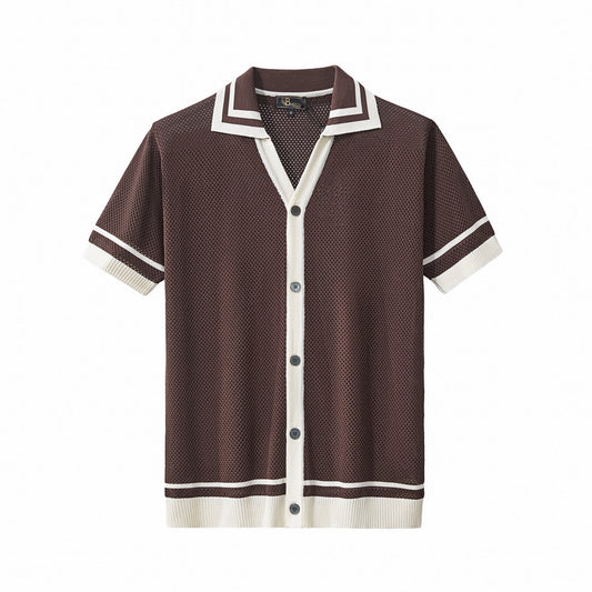 Contrast Trim Mesh Knit Button-Up COFFEE