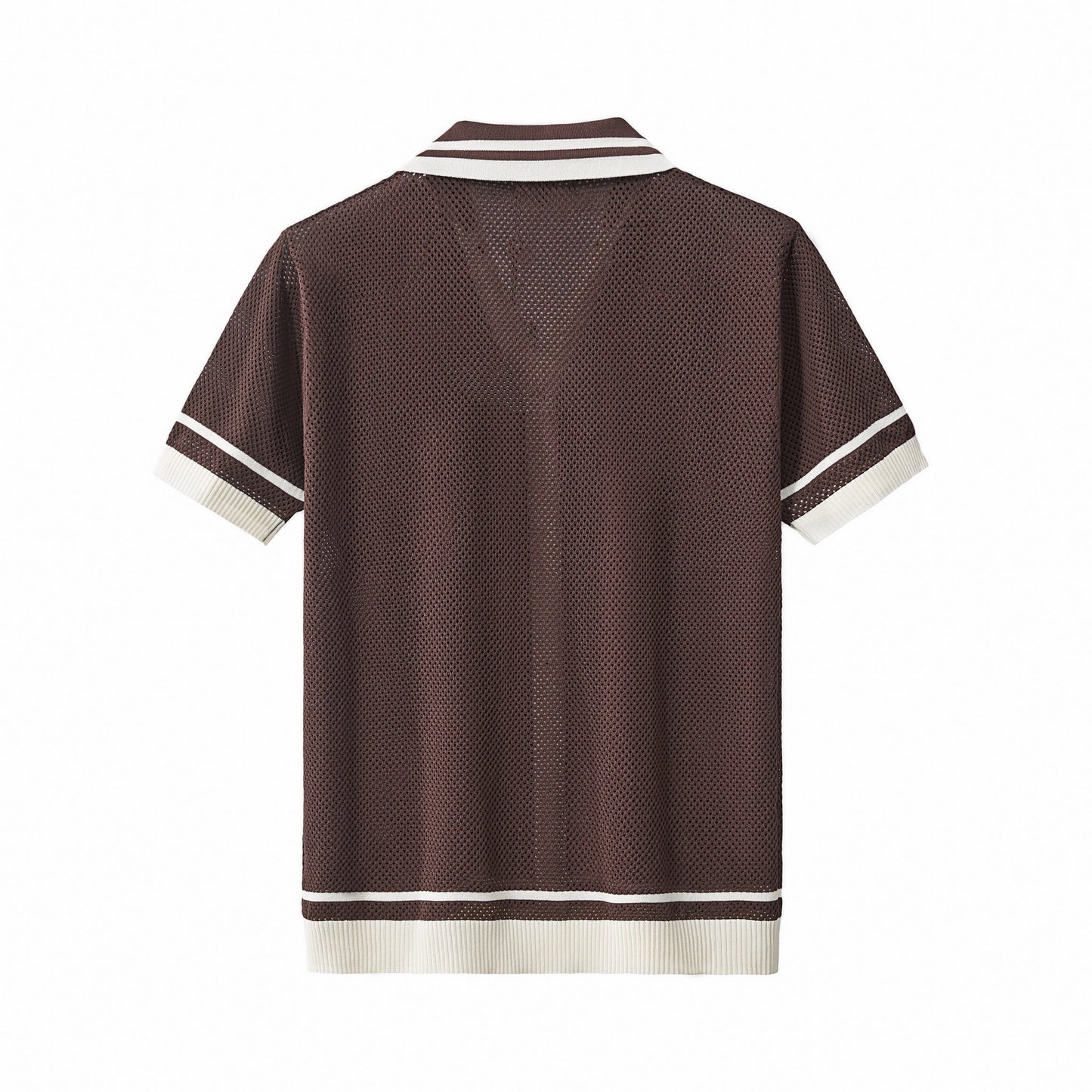 Contrast Trim Mesh Knit Button-Up COFFEE