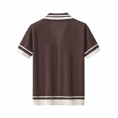 Contrast Trim Mesh Knit Button-Up COFFEE