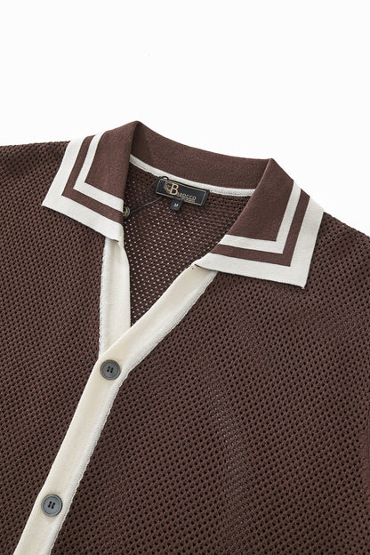 Contrast Trim Mesh Knit Button-Up COFFEE