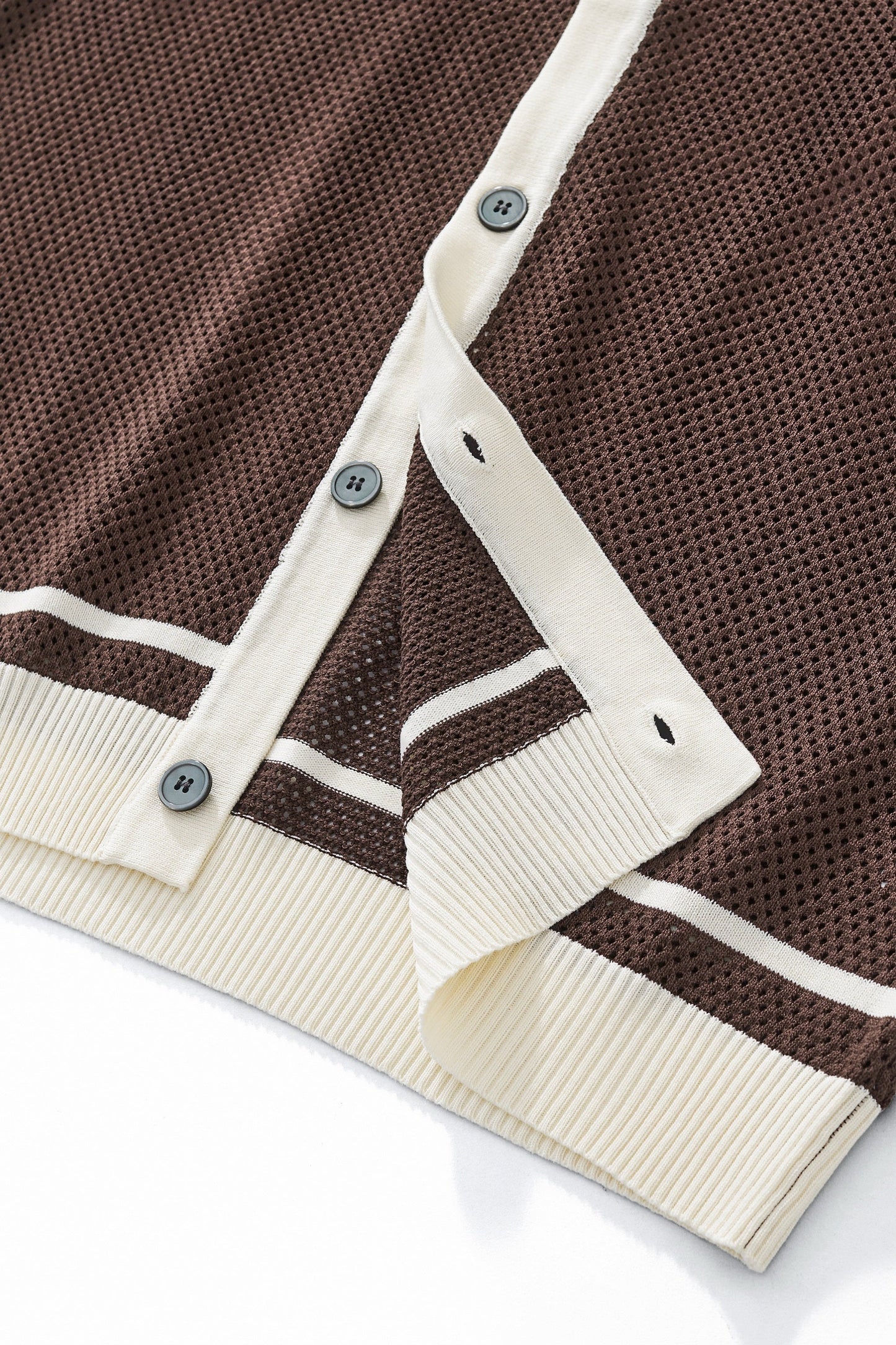 Contrast Trim Mesh Knit Button-Up COFFEE