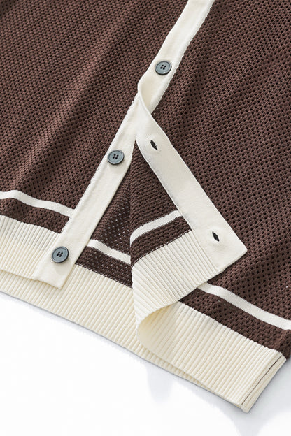Contrast Trim Mesh Knit Button-Up COFFEE