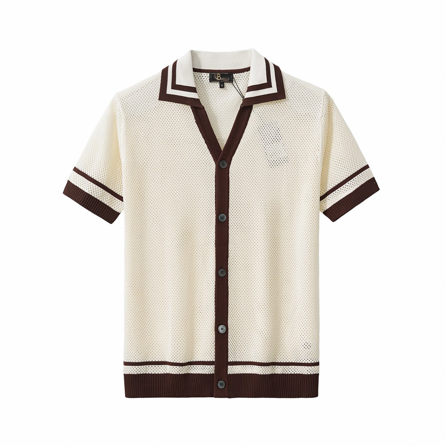 Contrast Trim Mesh Knit Button-Up IVORY