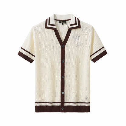 Contrast Trim Mesh Knit Button-Up IVORY
