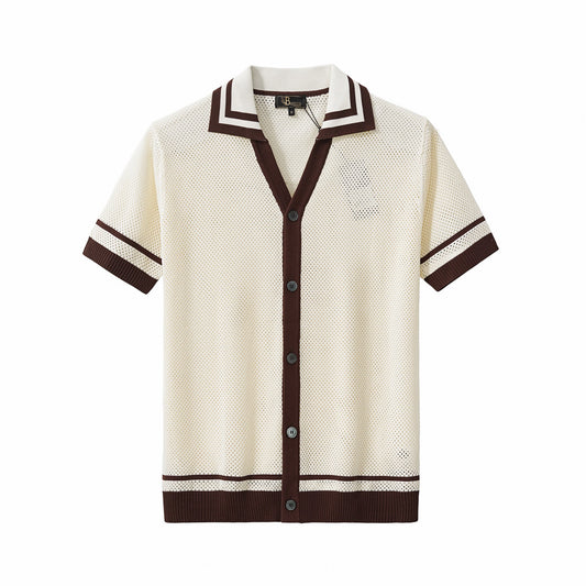 Contrast Trim Mesh Knit Button-Up IVORY