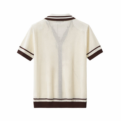 Contrast Trim Mesh Knit Button-Up IVORY