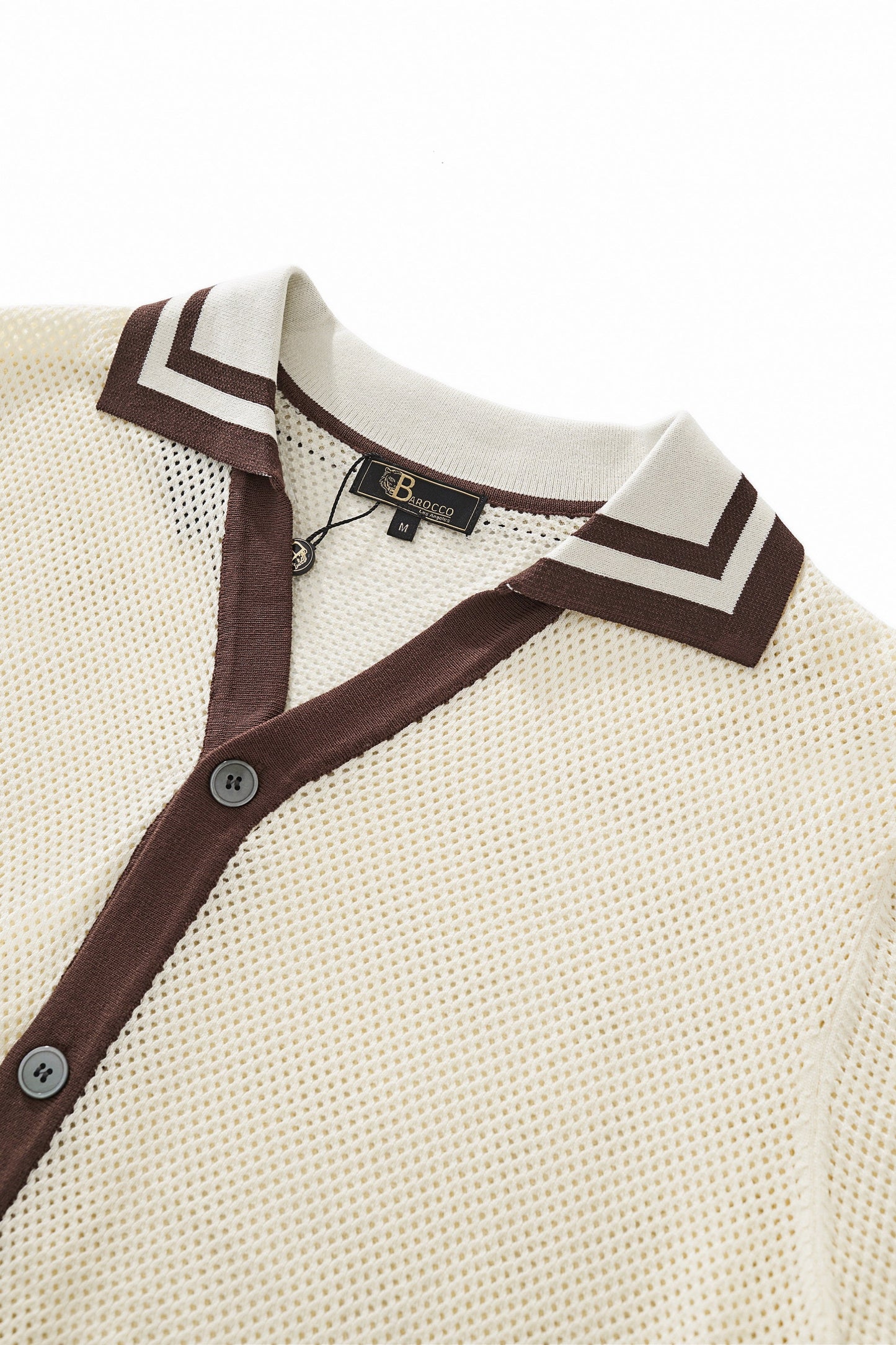 Contrast Trim Mesh Knit Button-Up IVORY
