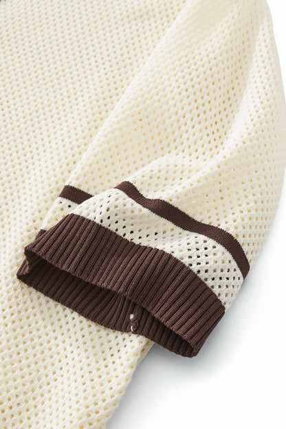 Contrast Trim Mesh Knit Button-Up IVORY