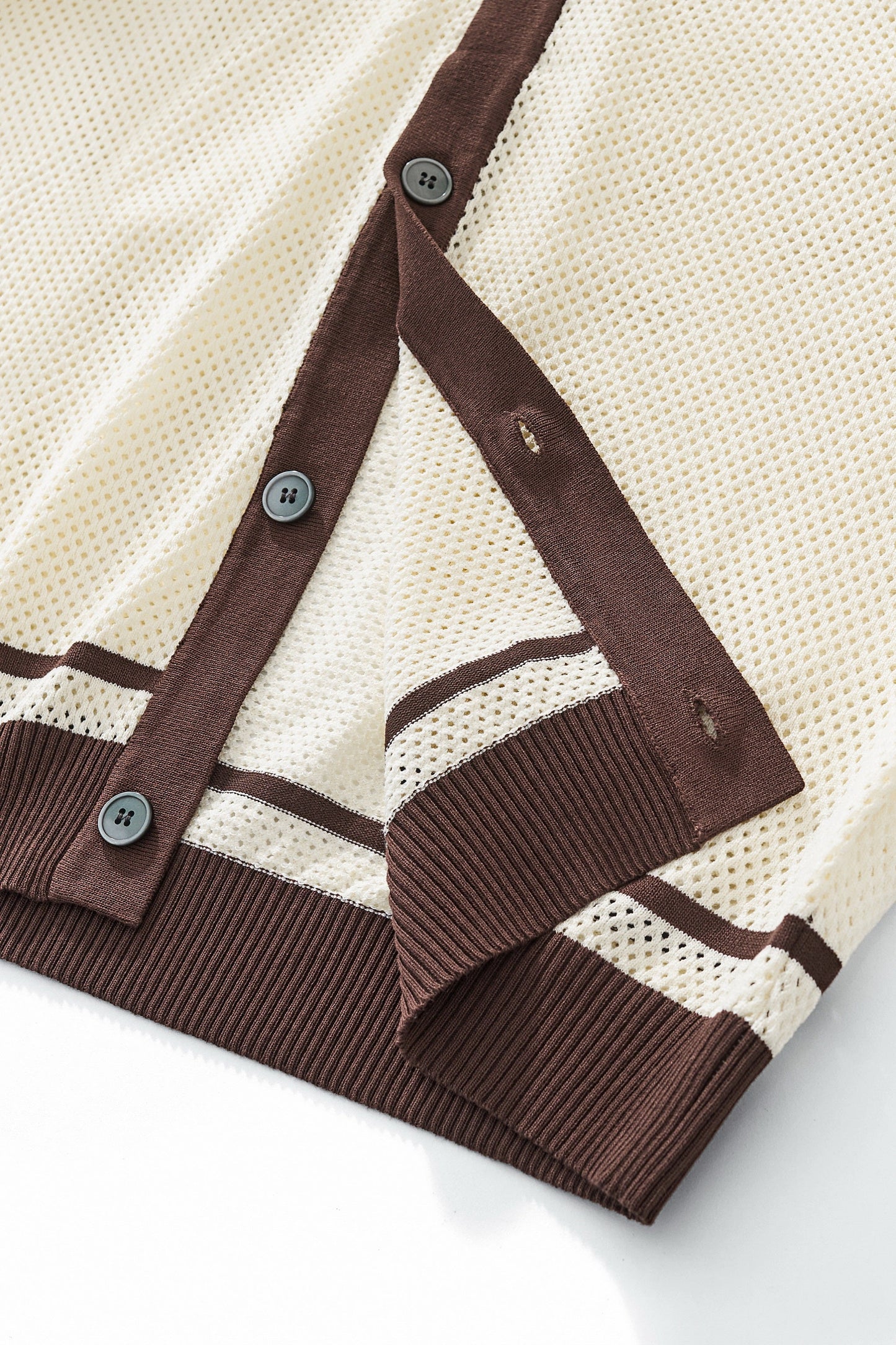 Contrast Trim Mesh Knit Button-Up IVORY