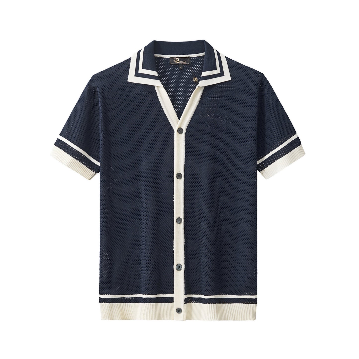 Contrast Trim Mesh Knit Button-Up NAVY