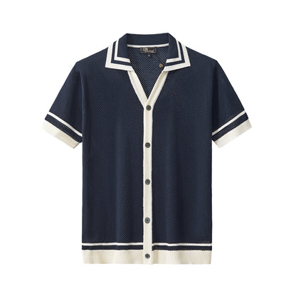 Contrast Trim Mesh Knit Button-Up NAVY