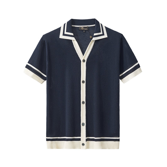 Contrast Trim Mesh Knit Button-Up NAVY