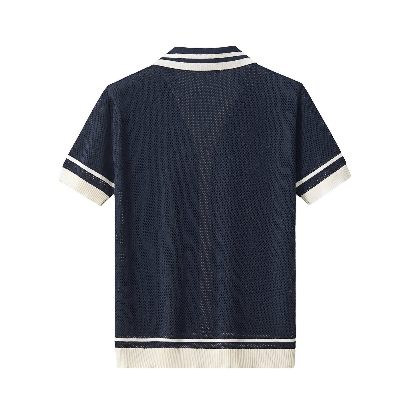 Contrast Trim Mesh Knit Button-Up NAVY