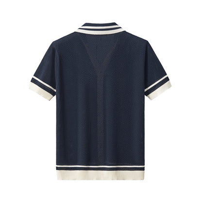 Contrast Trim Mesh Knit Button-Up NAVY