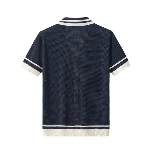 Contrast Trim Mesh Knit Button-Up NAVY