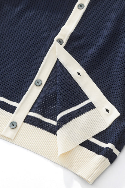Contrast Trim Mesh Knit Button-Up NAVY