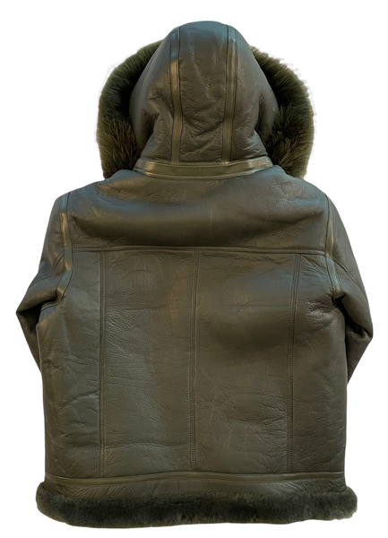 Kashani Olive Green Fox Fur Hooded Aviator Shearling Jacket - Dudes Boutique