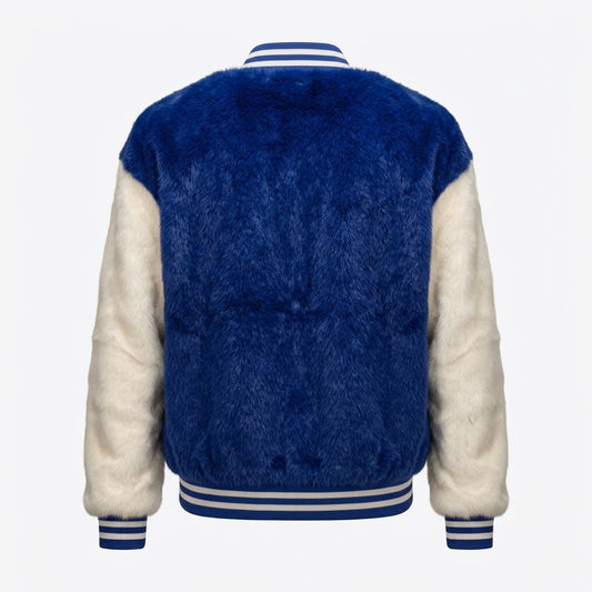 Kashani Men's White/Royal Blue Rabbit Fur Bomber Jacket