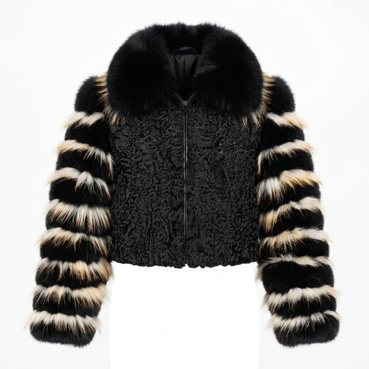 Kashani Women's Black Persian Lamb Jacket with Black & White Striped Fox Sleeves