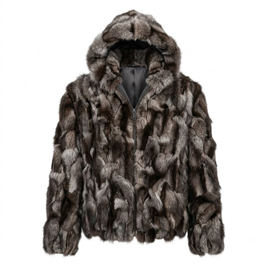 Kashani Men's Brown Silver Fox Fur Hooded Coat