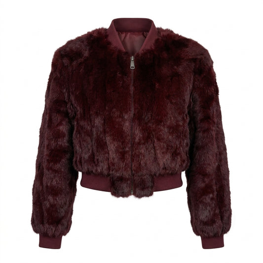 Kashani Women’s Burgundy Rabbit Cropped Bomber Jacket