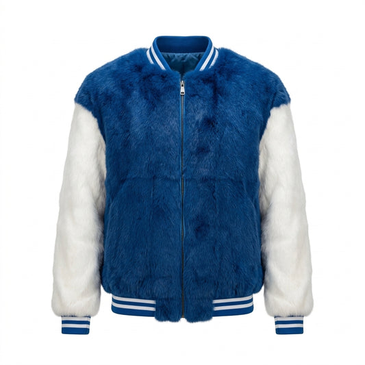 Kashani Men's White/Blue Rabbit Fur Bomber Jacket
