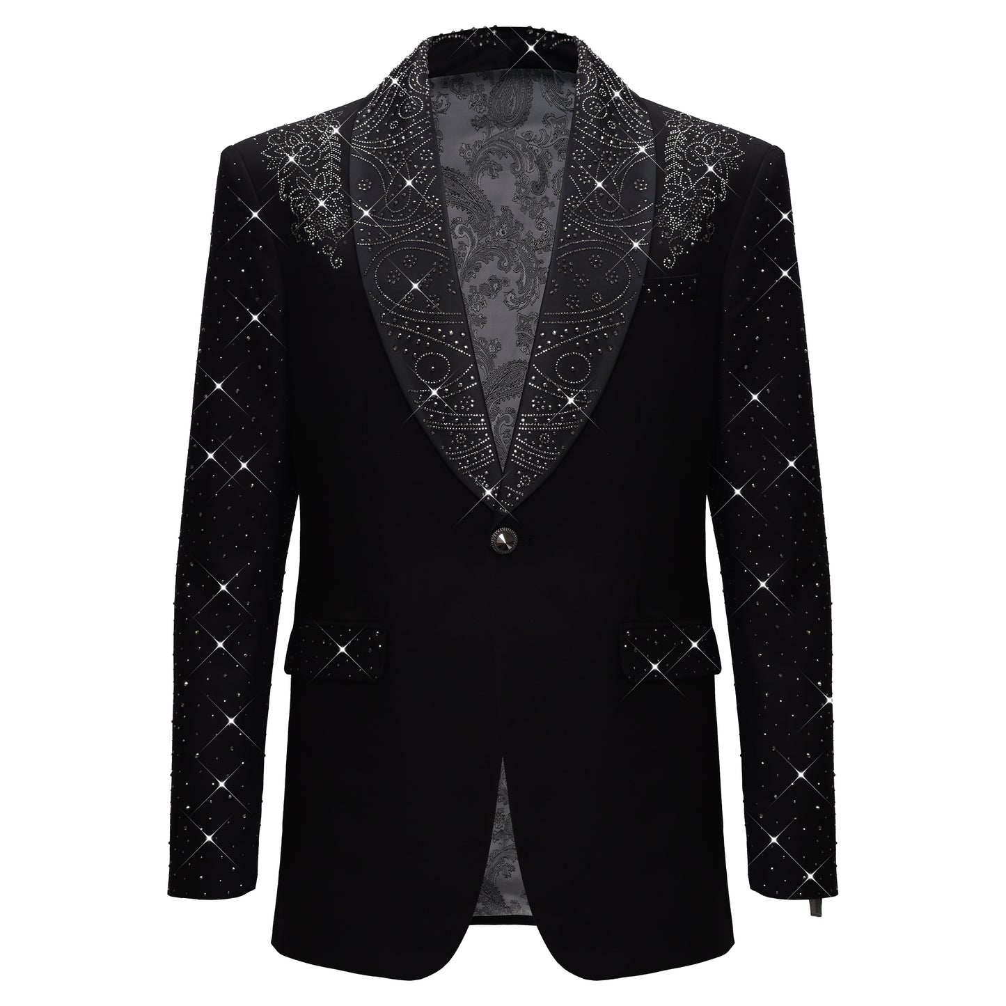 Luxurious Black Blazer with Elegant Rhinestone Emb BLACK - Dudes Boutique