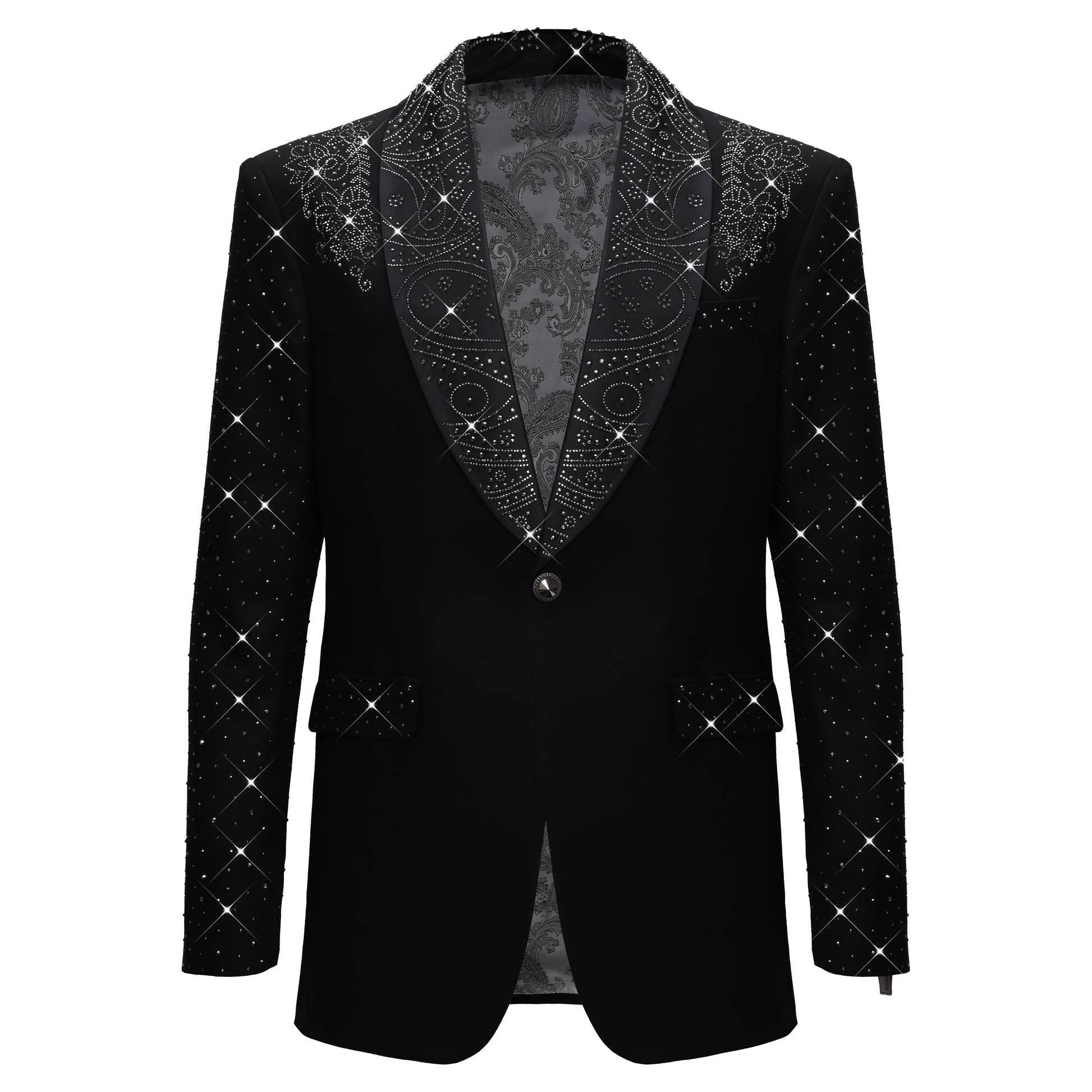 Luxurious Black Blazer with Elegant Rhinestone Emb BLACK - Dudes Boutique