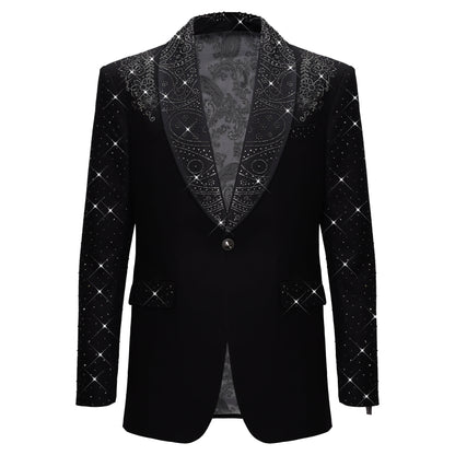 Luxurious Black Blazer with Elegant Rhinestone Emb BLACK - Dudes Boutique