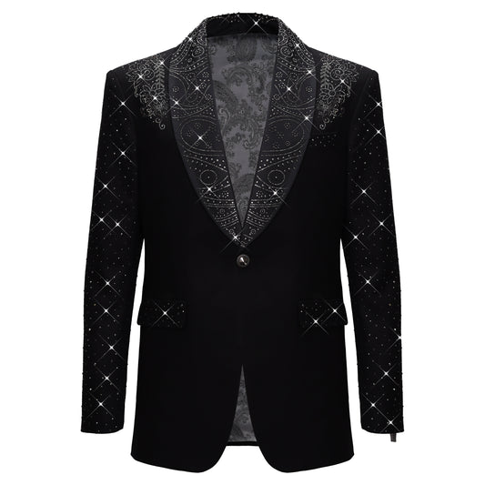 Luxurious Black Blazer with Elegant Rhinestone Emb BLACK - Dudes Boutique