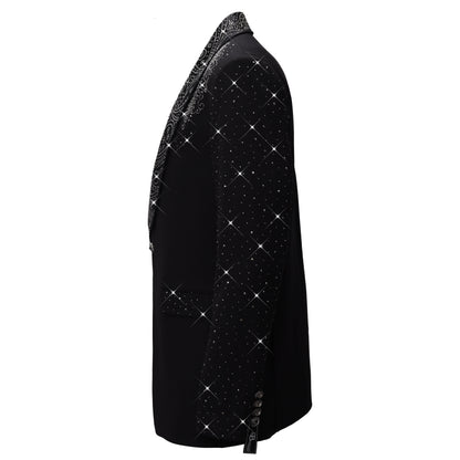 Luxurious Black Blazer with Elegant Rhinestone Emb BLACK
