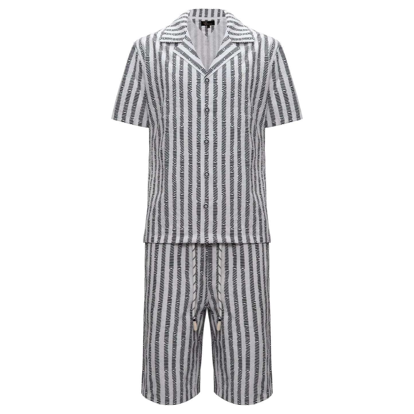 Men’s Striped Button-Up Shirt & Shorts Set WHITE/BLACK - Dudes Boutique