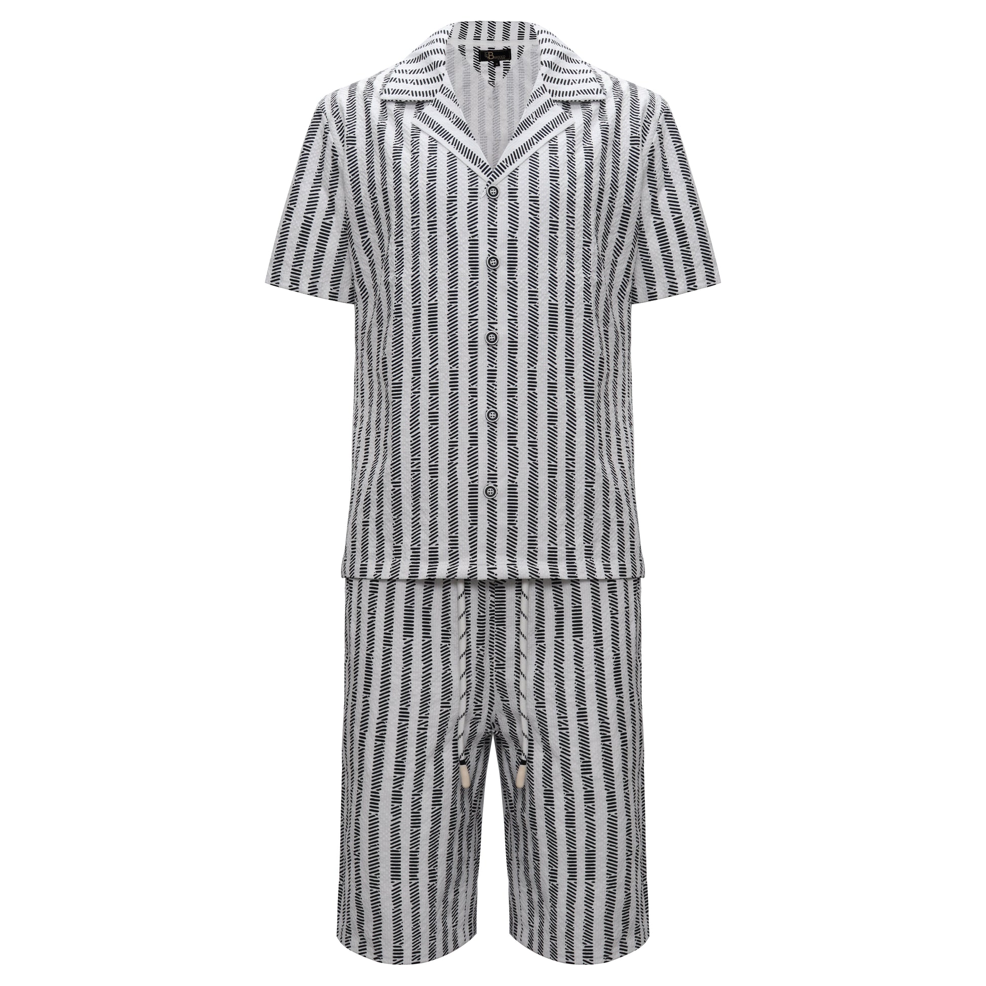 Men’s Striped Button-Up Shirt & Shorts Set WHITE/BLACK - Dudes Boutique
