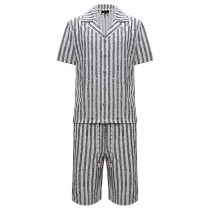 Men’s Striped Button-Up Shirt & Shorts Set WHITE/BLACK - Dudes Boutique