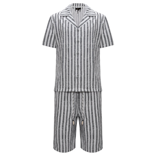Men’s Striped Button-Up Shirt & Shorts Set WHITE/BLACK - Dudes Boutique