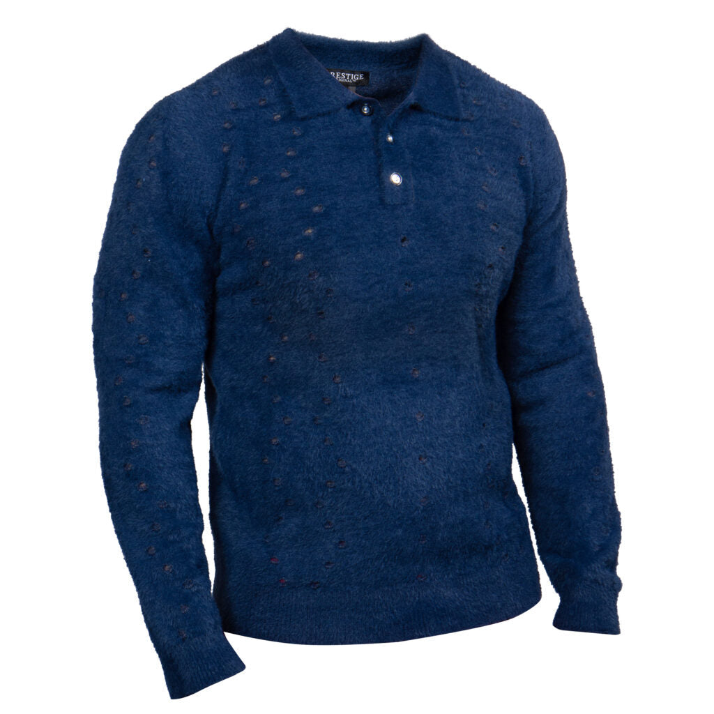 Prestige Navy Textured Knit Long-Sleeve Polo Sweater