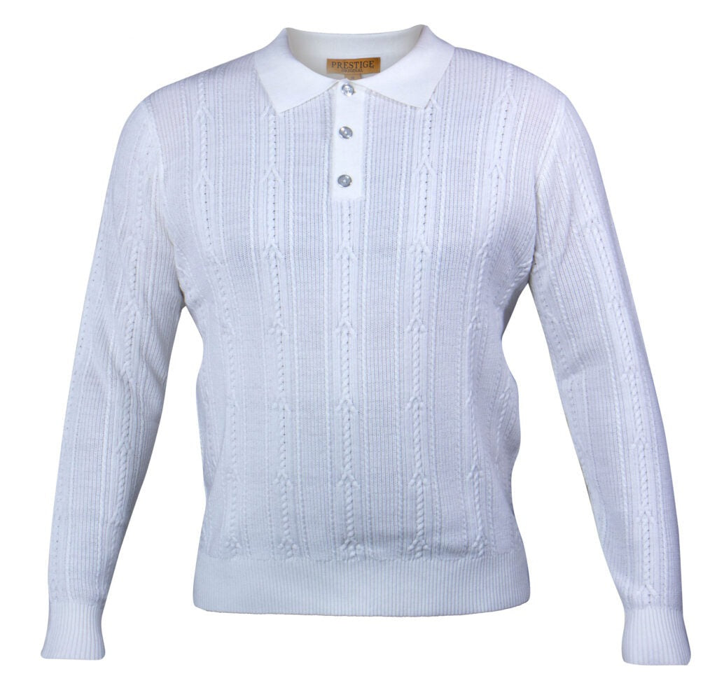 Prestige White Rope Knit Button Collar Sweater - Dudes Boutique