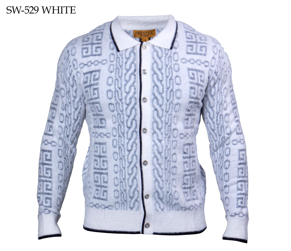 Prestige White Greek Key Button Up Sweater - Dudes Boutique