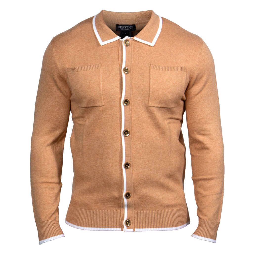 Prestige Men's Tan Double Pocket Knit Polo Sweater - Dudes Boutique