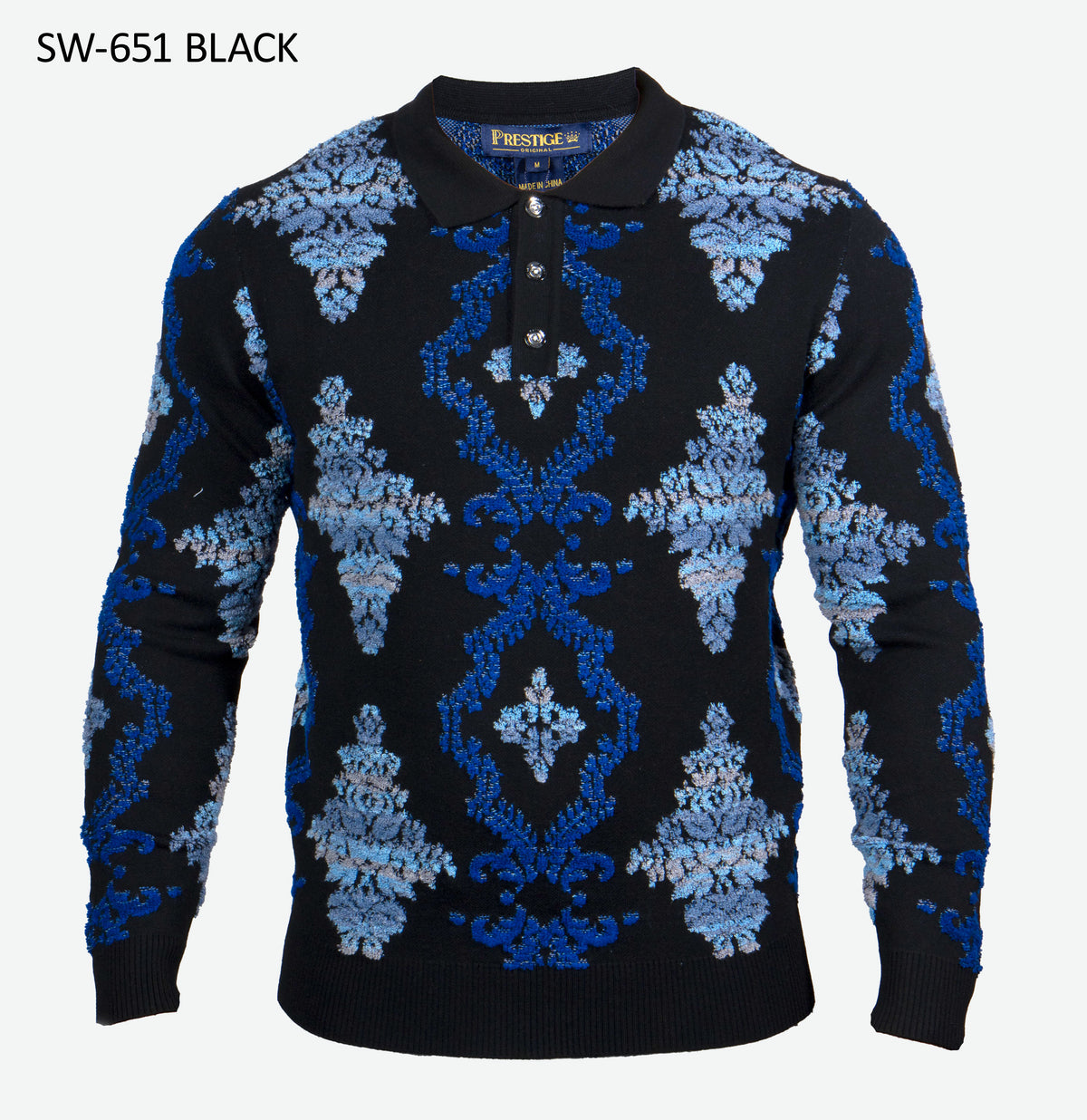 Prestige SW-651 men's black sweater with blue textured damask pattern