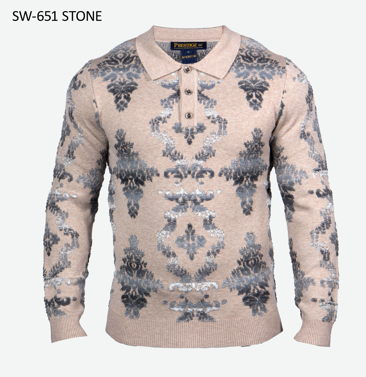 Prestige SW-651 men's stone sweater with gray textured damask pattern