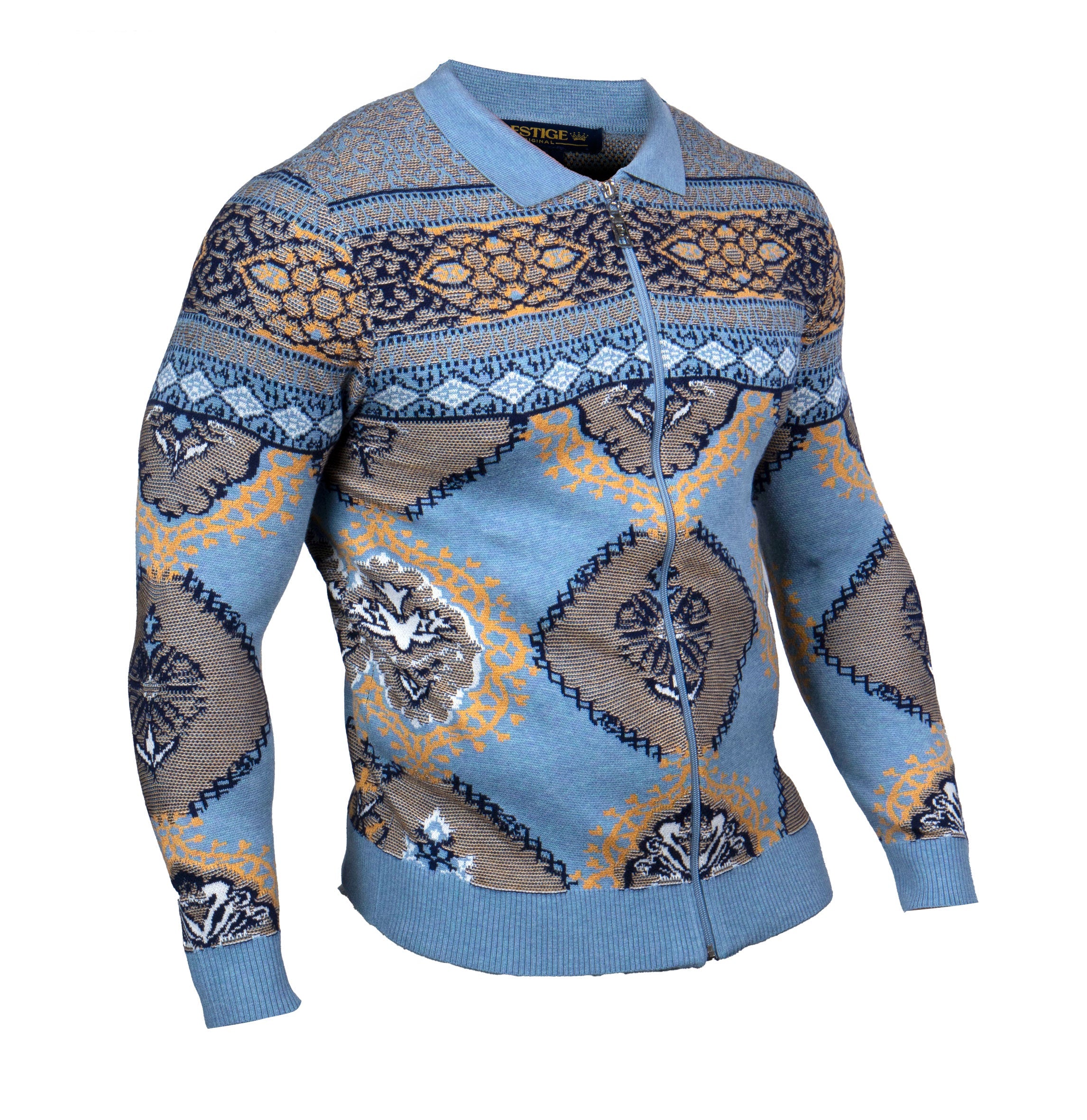 Prestige Blue Patterned Full-Zip Knit Polo Sweater