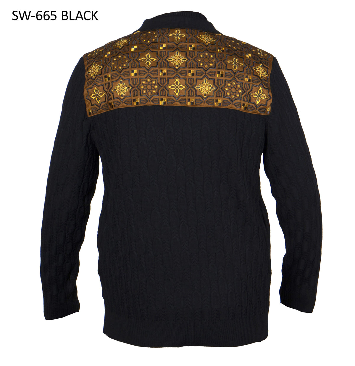 Prestige SW-665 men's black full-zip sweater, back view